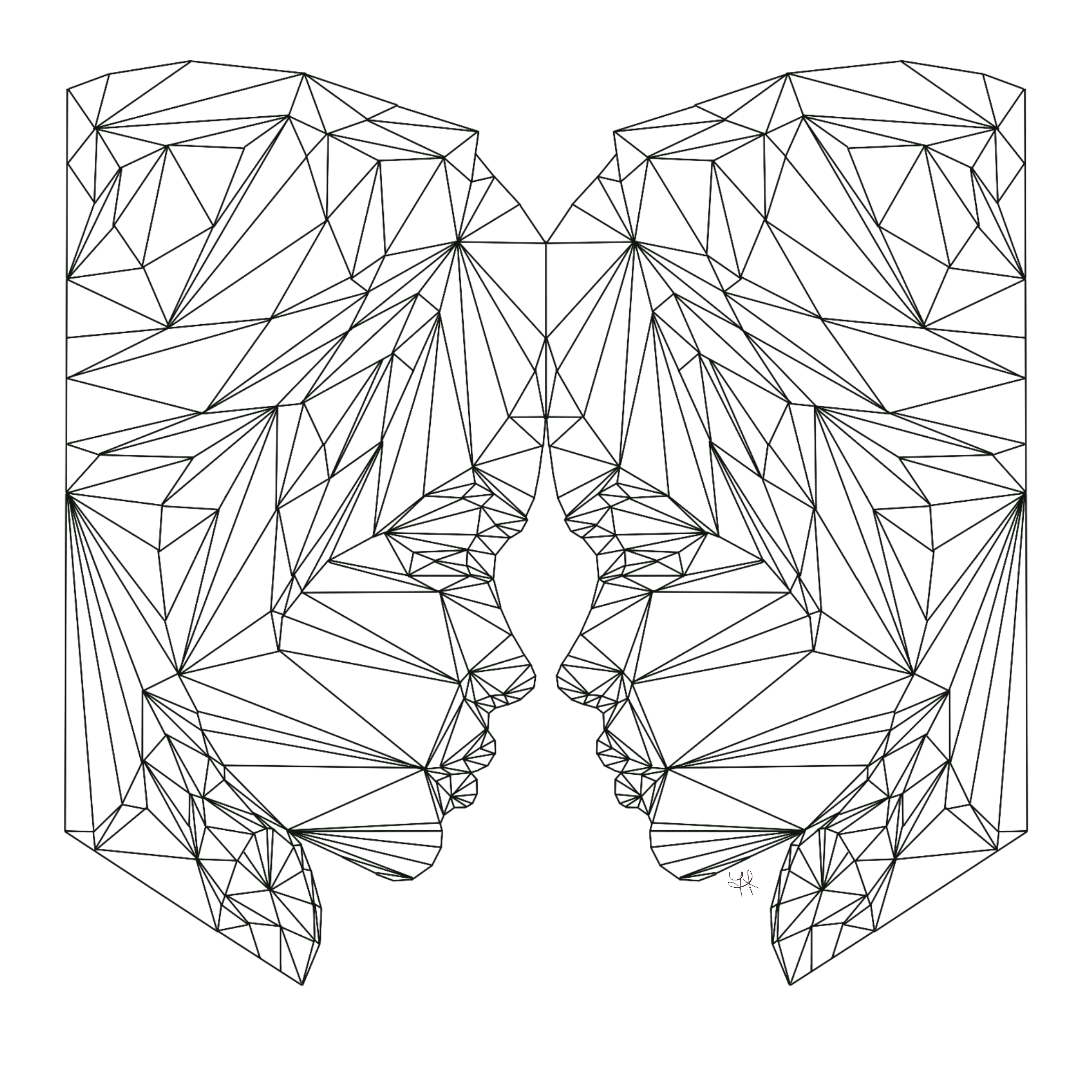 Illustration artistique de deux femmes en parfaite symétrie, front contre front, exprimant équilibre et connexion, création de Yara Creatyque.