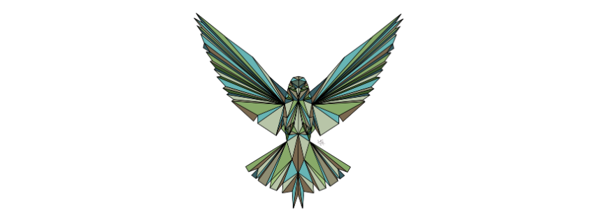 Illustration d’un oiseau géométrique aux ailes déployées, coloré dans des tons verts, bleus et terre, représentant l’harmonie et la liberté dans l’art de Yara Creatyque.