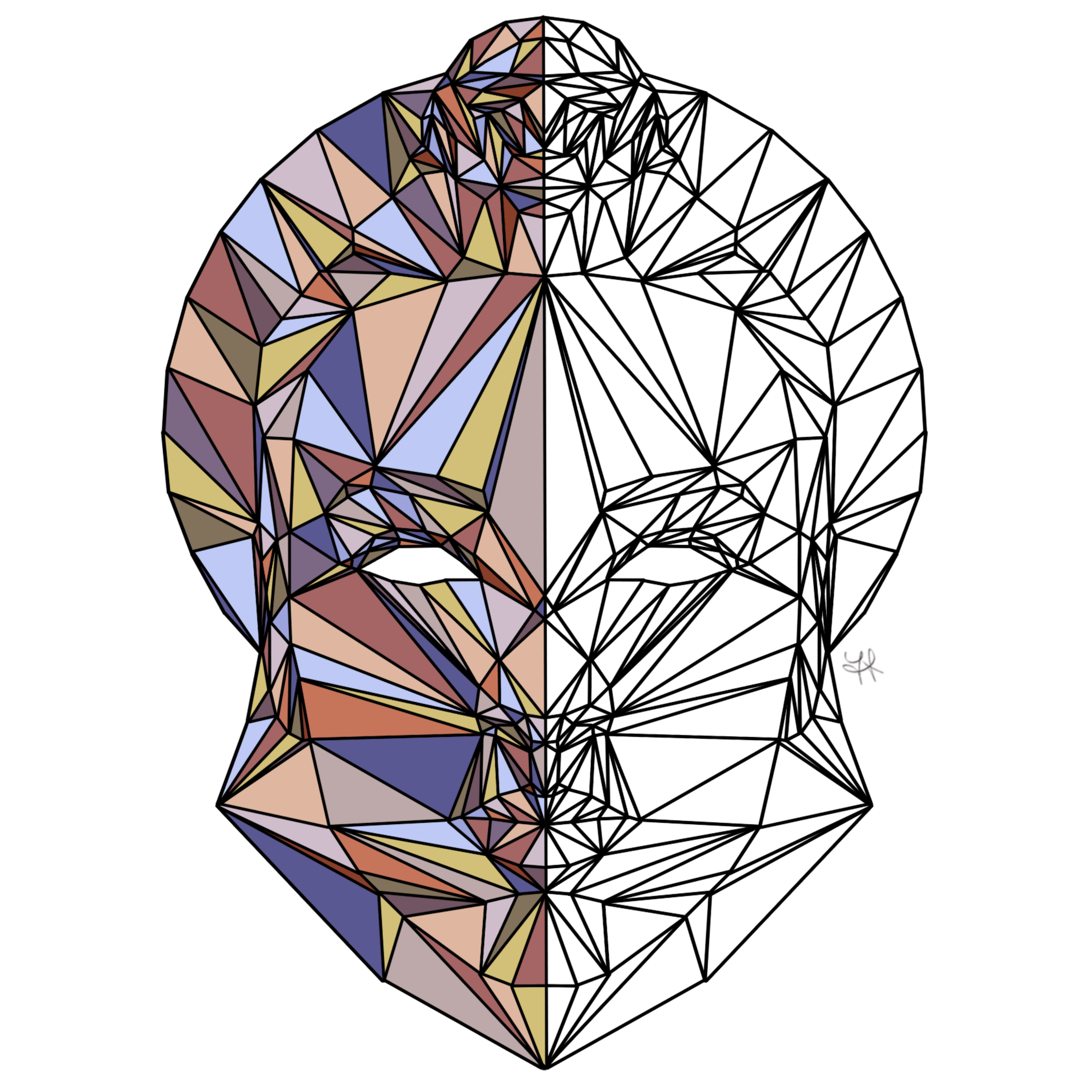 Illustration d’un portrait artistique en style géométrique, composé de triangles et partiellement coloré, reflétant une esthétique moderne et abstraite signée Yara Creatyque.