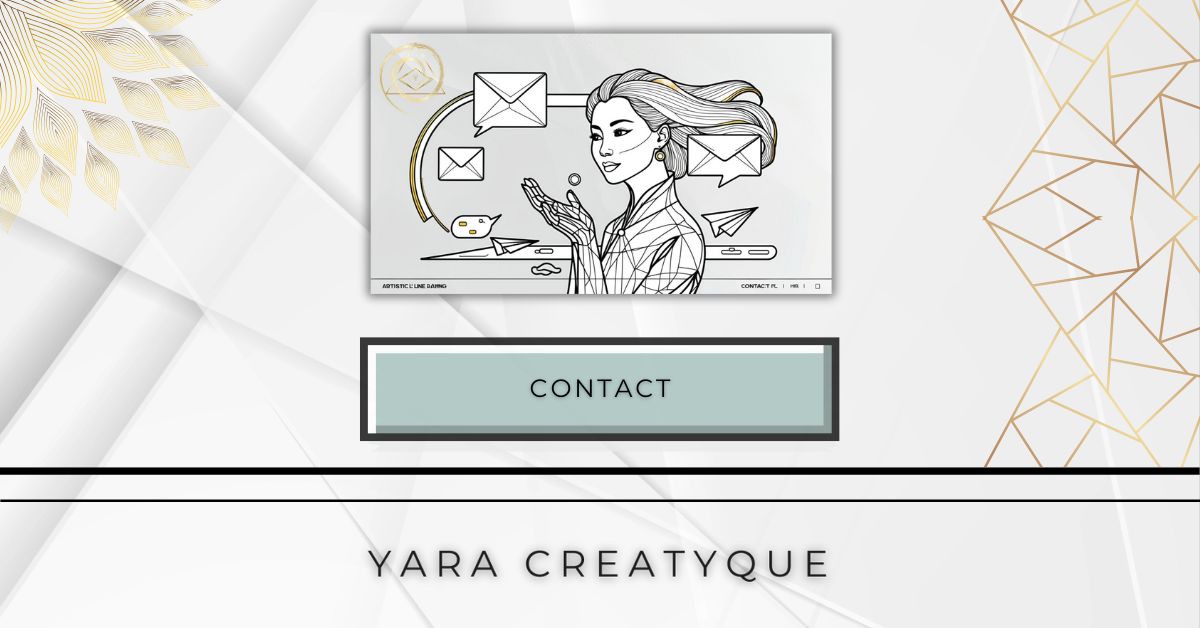 Me contacter - Femme tendant la main face à l’univers, illustrations d'enveloppes représentant la communication, géométrie autour du cœur – Contact Yara Creatyque